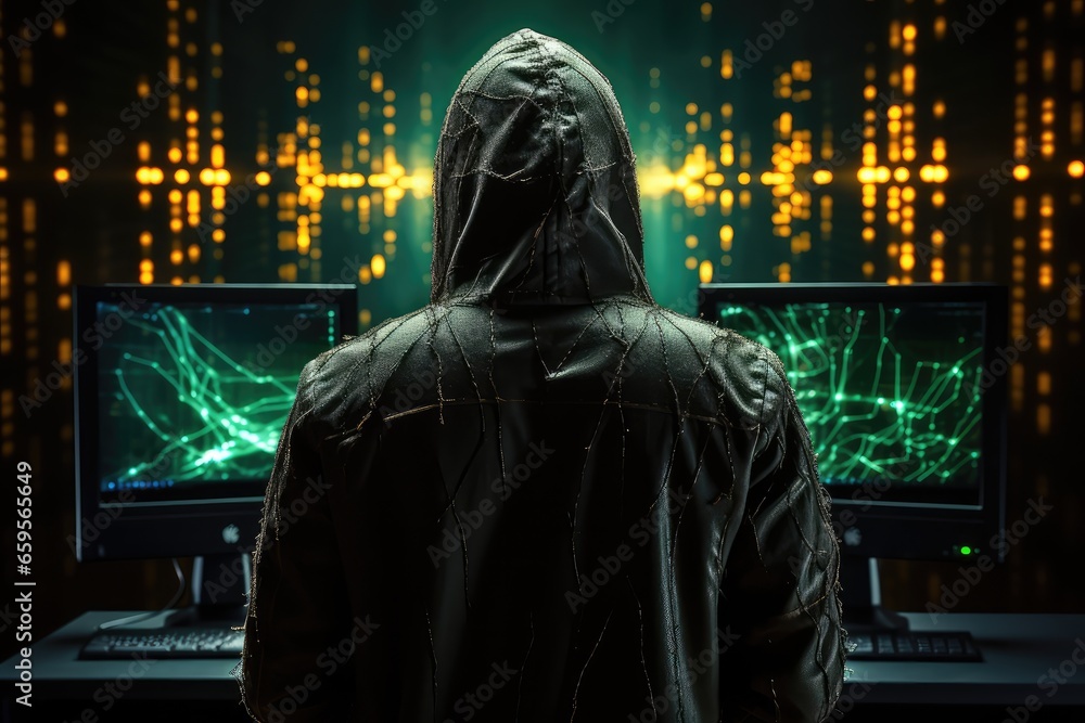 Hooded hacker in front of computer screen with binary code on the background. Hacker entering a database. Back view of hacker in hoodie stealing information from computers. Hooded hacker in front of computer screen with binary code on the background. Hacker entering a database. Back view of hacker in hoodie stealing information from computers.