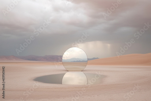 Fine-art, pop-art, nature and landscape concept. Abstract composition of round mirror standing in the middle of desert. Dramatic mood with cloudy sky background with copy space. Generative AI
