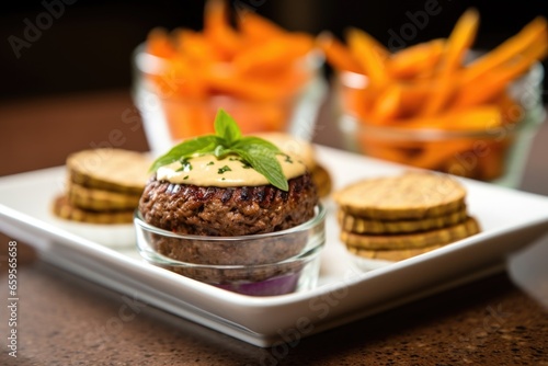 a mini hamburger with a side of sweet potato fries