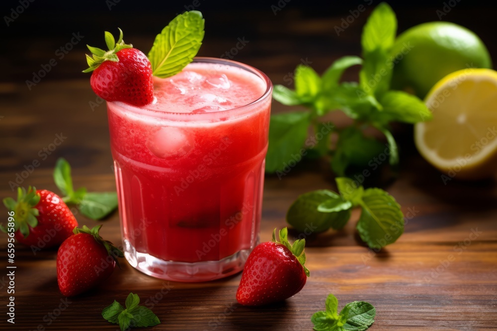 A Refreshing Glass of Strawberry Basil Lemonade Sits on a Rustic Wooden Table, Basking in the Warm Glow of Late Afternoon Sunlight A Refreshing Glass of Strawberry Basil Lemonade Sits on a Rustic Wooden Table, Basking in the Warm Glow of Late Afternoon Sunlight