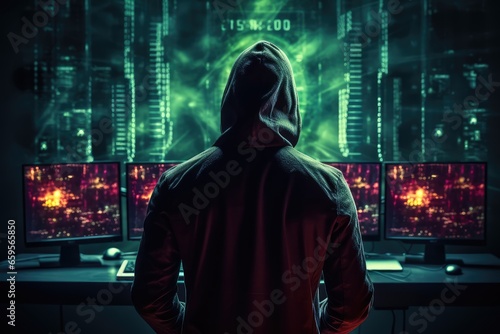 Hooded hacker in front of computer screen with binary code on the background. Hacker entering a database. Back view of hacker in hoodie stealing information from computers.