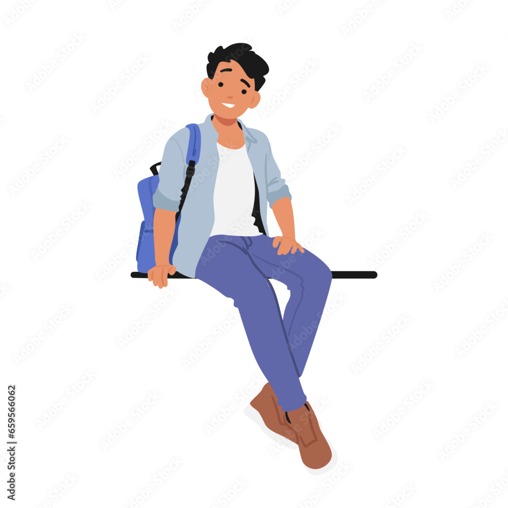 Schoolboy Character Is Seated On A Bench Or Parapet, Engrossed In His Thoughts, His Backpack Resting Beside Him