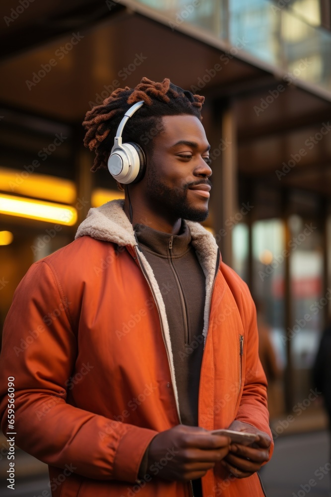 handsome black man listening to music in the city
