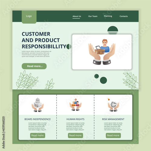Customer and product responsibility flat landing page website template. Boars independence, human rights, risk management. Web banner with header, content and footer. Vector illustration.