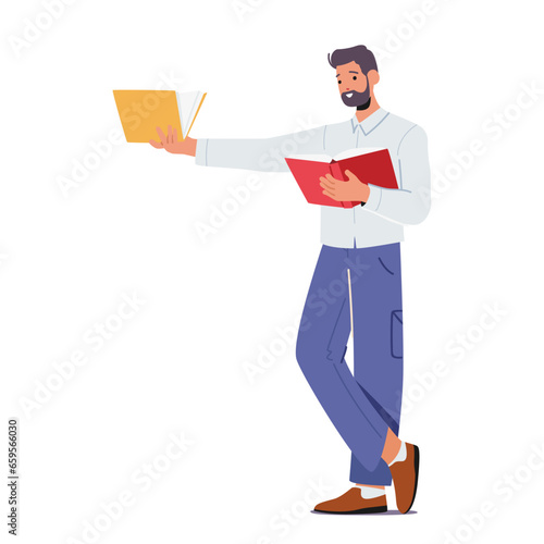 Man Swaps Books With Another, Male Character Exchanging Worlds And Stories In A Simple Act Of Sharing And Curiosity