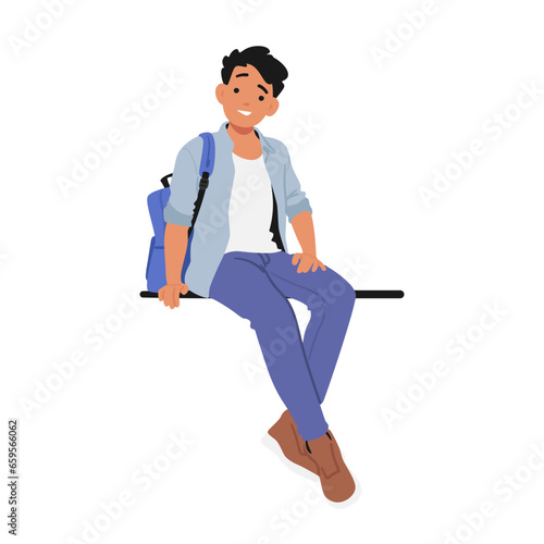 Schoolboy Character Is Seated On A Bench Or Parapet, Engrossed In His Thoughts, His Backpack Resting Beside Him