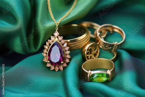 bunch of multi-colored fashion jewelry on a green velvet surface