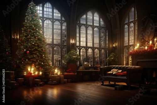 Christmas tree and fireplace in the interior of the church. Christmas banner bokeh background with room for text