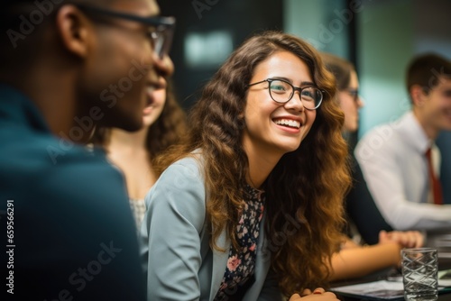 smiling people talking in meeting