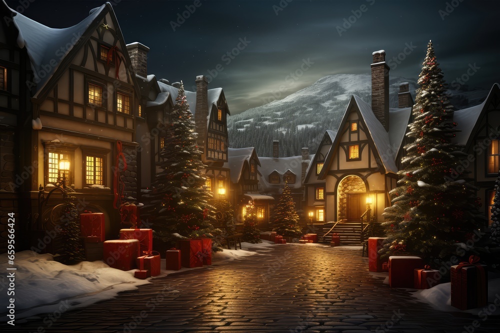 Christmas village at night with houses and christmas tree. Christmas banner bokeh background with room for text