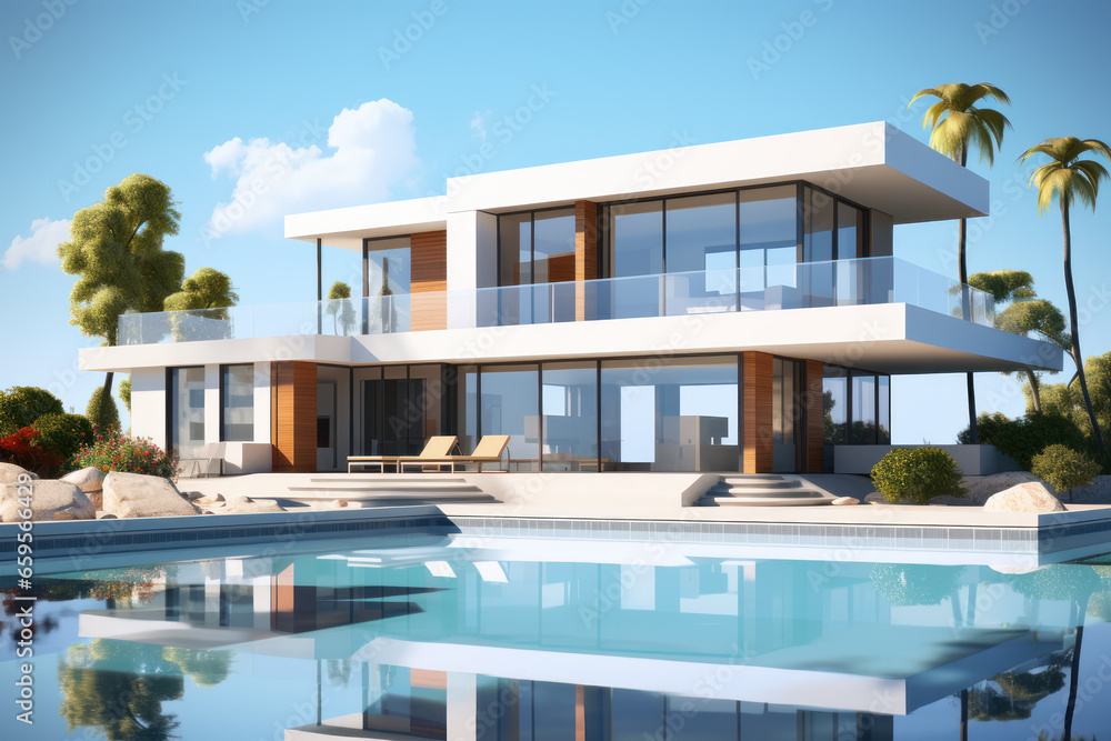 Modern country house villa in a minimalist cubic style with swimming pool, illustration of a vacation on the sea coast Modern country house villa in a minimalist cubic style with swimming pool, illustration of a vacation on the sea coast