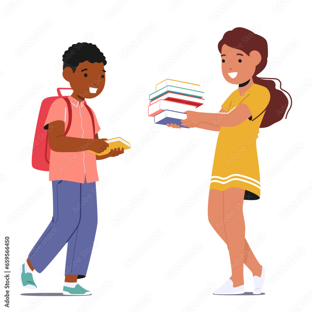 Young Minds Boy and Girl Connecting Through Books. Children Exchanging Stories, Sharing Knowledge, Vector Illustration Young Minds Boy and Girl Connecting Through Books. Children Exchanging Stories, Sharing Knowledge, Vector Illustration