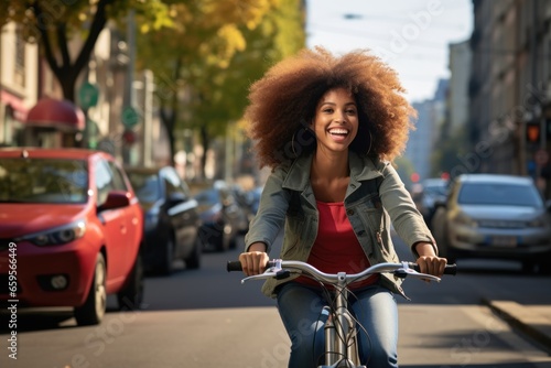 Positive black woman riding electric bicycle on city street © Tisha