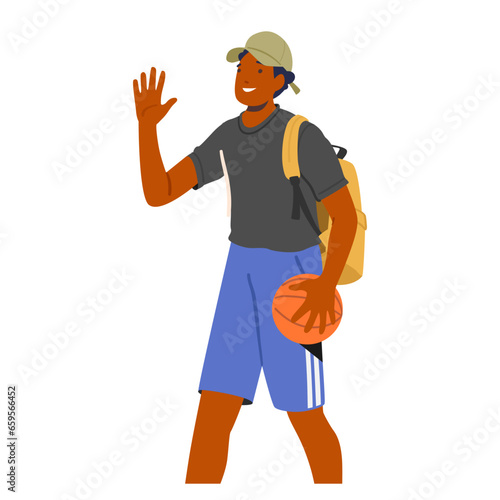 Male Character Confidently Walking with A Basketball Ball, Carrying A Backpack Slung Over One Shoulder, Vector © Hanna Syvak