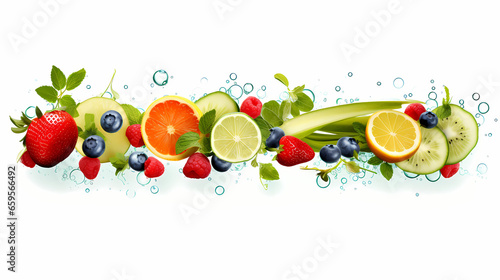 A cheerful culinary design crafted from an assortment of colorful summer fruits  fresh mint leaves  and cool slices of cucumber  isolated over a transparent background  evoking a refreshing summer vib