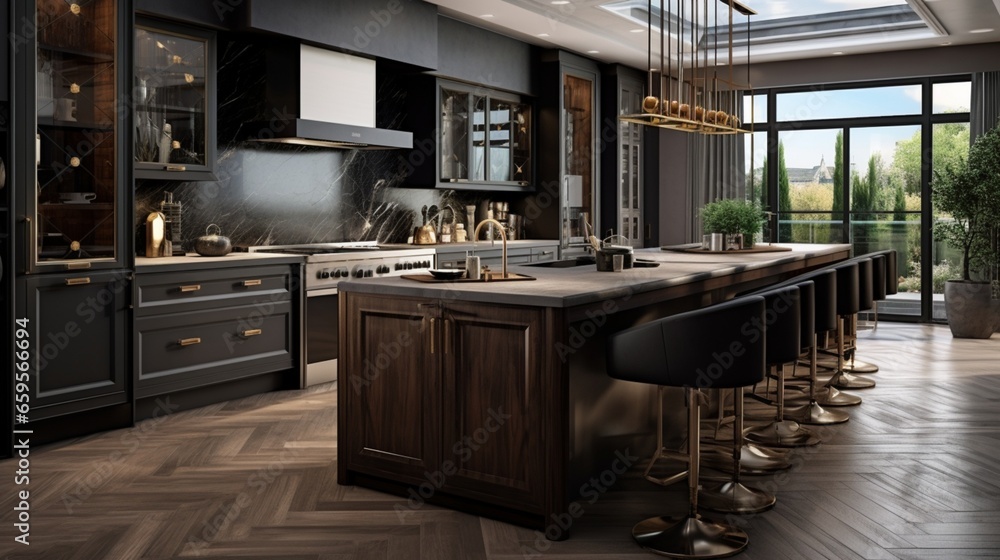 A designer's kitchen with a fusion of dark wood elements and metallic embellishments.