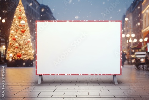 Christmas blank billboard on the street decorated with Christmas tree in the evening, template for mock up photo