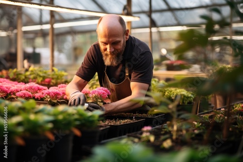 man works in greenhouse