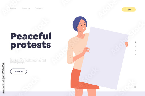 Peaceful protests landing page template with positive smiling young woman character holding placard