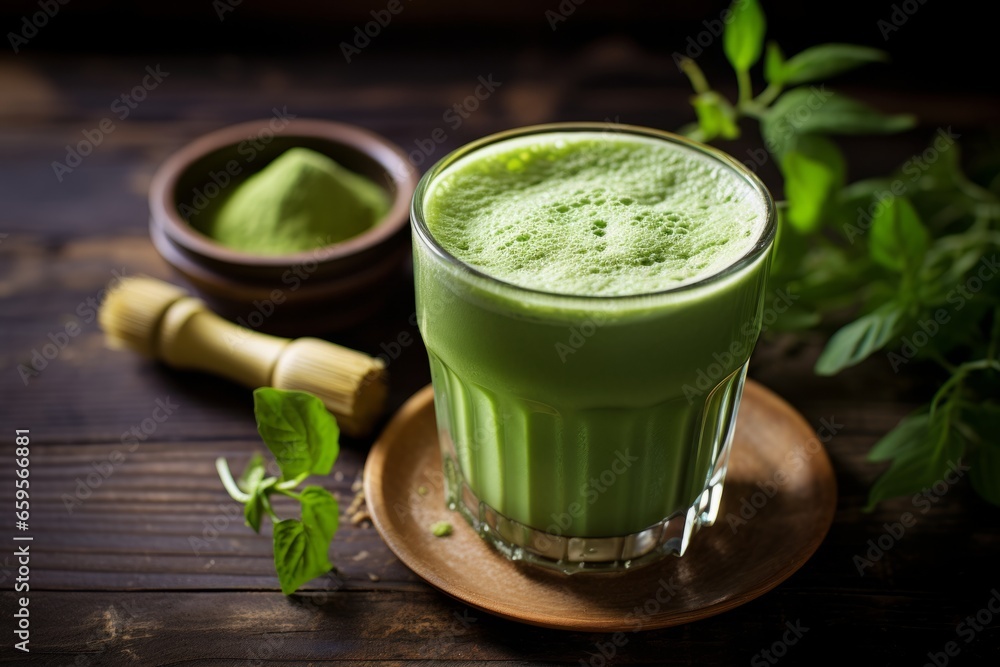 A Refreshing Glass of Iced Matcha Tea on a Rustic Wooden Table, Surrounded by Fresh Green Matcha Powder and Bamboo Whisk A Refreshing Glass of Iced Matcha Tea on a Rustic Wooden Table, Surrounded by Fresh Green Matcha Powder and Bamboo Whisk