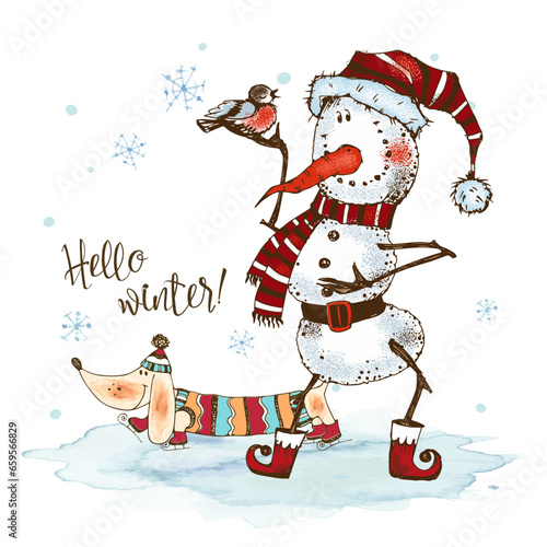 Funny snowman in a knitted hat and scarf with a dachshund dog. Christmas card. Vector.