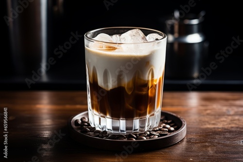A Classic White Russian Cocktail Served in a Crystal Glass, Surrounded by Fresh Cream, Vodka, Coffee Liqueur, and Vintage Bar Tools on a Wooden Bar Counter