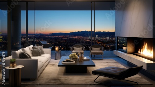 A fashionable living space with a dual-sided fireplace and captivating city vistas.