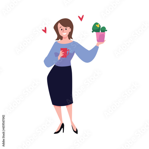 Happy young woman with cup and flower pot, JOMO Joy of missing out, enjoying present tense, vector positive character