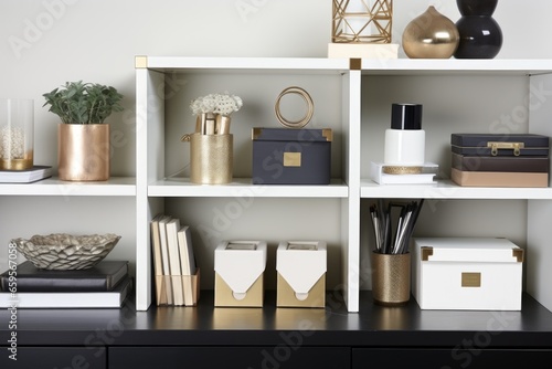 shelf holding decorative storage boxes with office essentials © altitudevisual