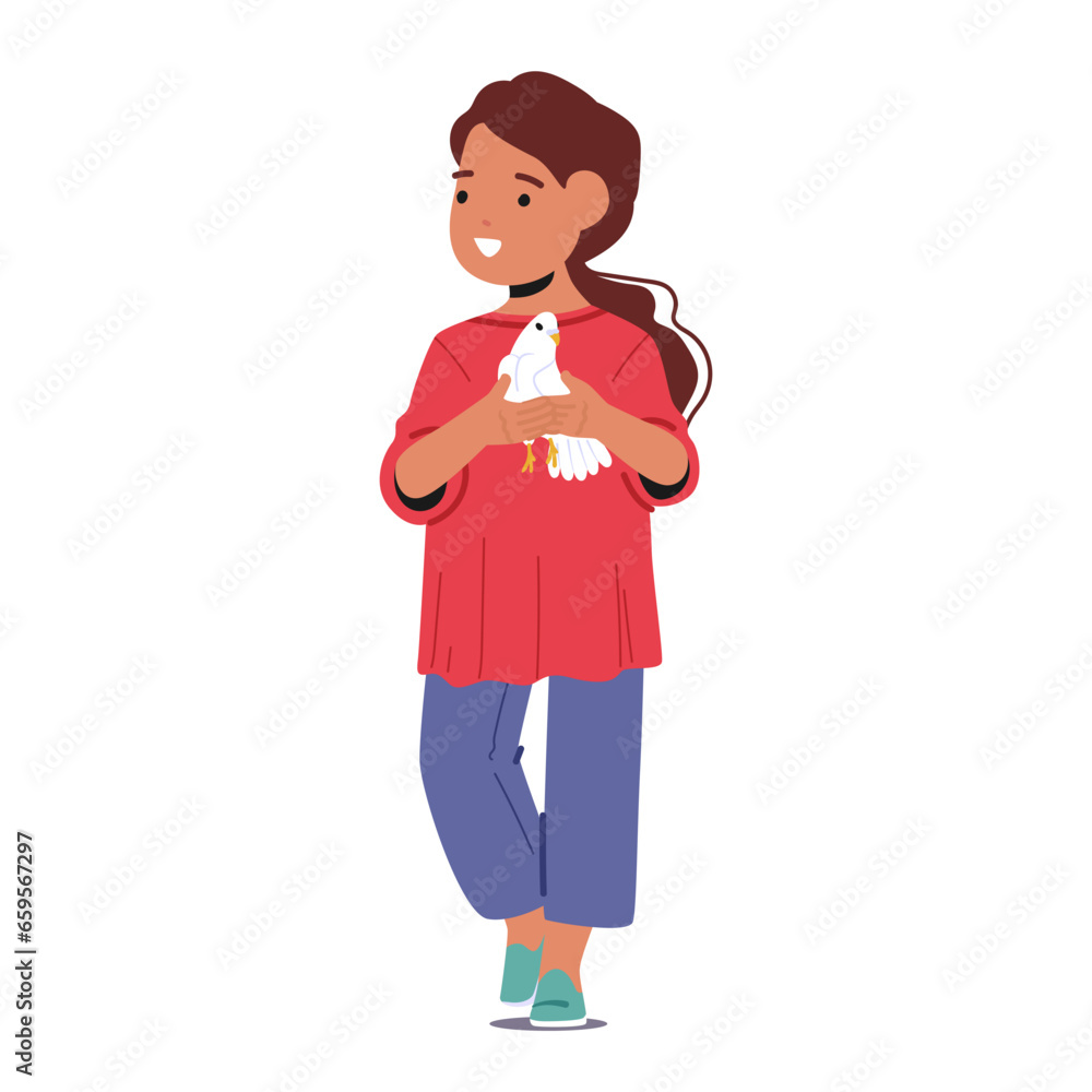 Innocence And Peace Concept with Little Girl Character Cradles A White Dove, Symbolizing Hope And Tranquility Innocence And Peace Concept with Little Girl Character Cradles A White Dove, Symbolizing Hope And Tranquility