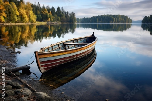 a wooden boat docked on a calm shore