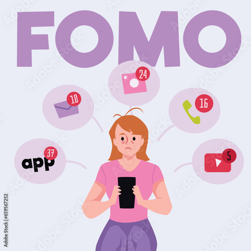 FOMO fear of missing out, Phenomenon of social addiction to gadgets, anxiety worry, psychological phobia vector poster