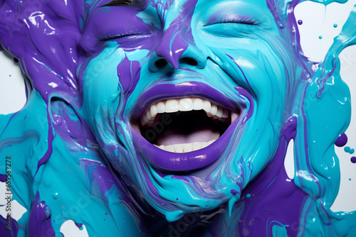 Beautiful young girl with a smile covered with paint. Bold shades of purple  turquoise and azure. Creativity  muse  art.