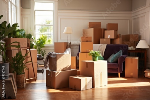 packing boxes stacked high in a living room with packed items nearby