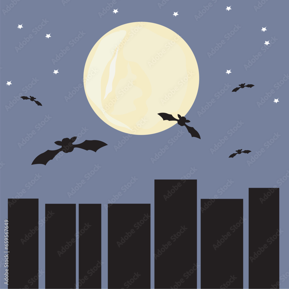 bat with moon building city dark blue halloween vector illustration plain horror haunted background with adobe illustrator
