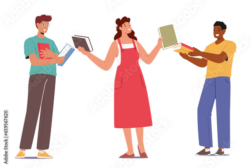 Book Swap Delight, Readers Male And Female Characters Joyfully Exchanging Books, Sharing Stories, Vector Illustration