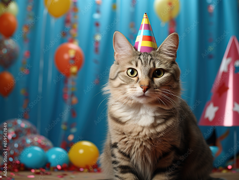 Domestic cat in a hat celebrates a birthday. Pet care