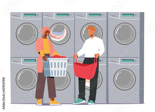 People in Public Launderette Fold Clothes, Share Stories, And Exchange Smiles, Creating A Vibrant Tapestry Of Community