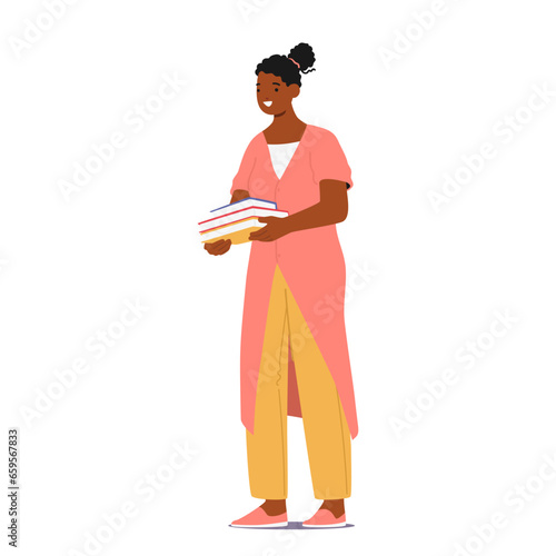 Woman Character Gracefully Cradles A Stack Of Books, Her Eyes Gleaming With Knowledge And Curiosity, Vector Illustration