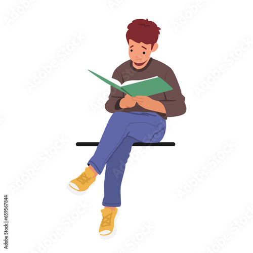 Young Boy, Immersed In A Book, Sits Peacefully On A Parapet, Lost In The World Of Words, His Imagination, Vector