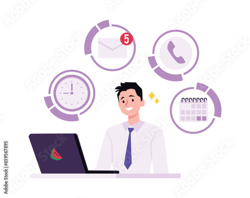 Busy manager or businessman with laptop, notes tasks, calls, messages reminders icons, vector efficiency multitasking