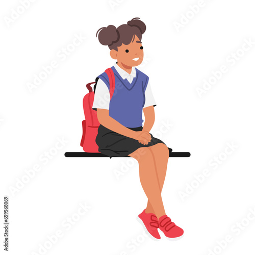 Little Schoolgirl Character Sits On A Bench Or Parapet, Her School Bag beside of Her Back. Lost In Contemplation