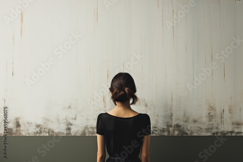 rear view of woman standing facing wall