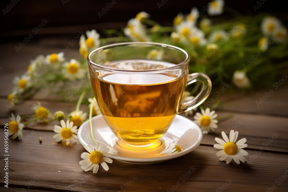 A close-up shot of a hot, soothing cup of chamomile infusion on a rustic wooden table, with scattered dried chamomile flowers in the background A close-up shot of a hot, soothing cup of chamomile infusion on a rustic wooden table, with scattered dried chamomile flowers in the background