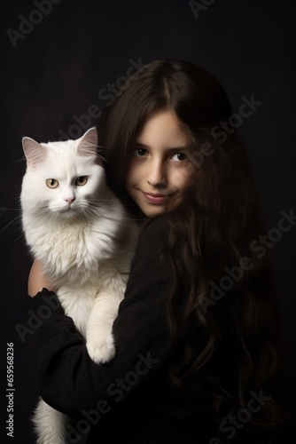 fine art studio portrait of white happy cat on shoulder of girl in black