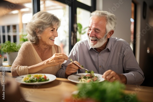 Food  retirement and a senior couple in an assisted living home while eating a meal for nutrition. Cute  love or smile with a happy elderly man feeding his wife in the dining room of a house