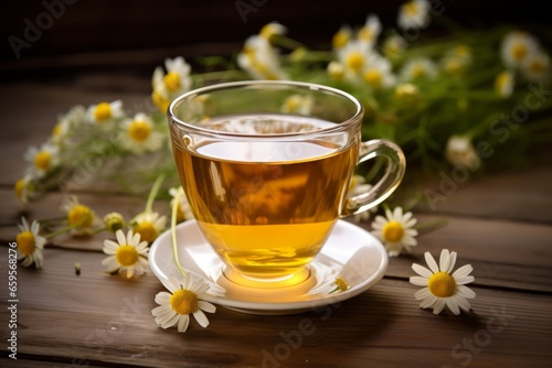 A close-up shot of a hot, soothing cup of chamomile infusion on a rustic wooden table, with scattered dried chamomile flowers in the background
