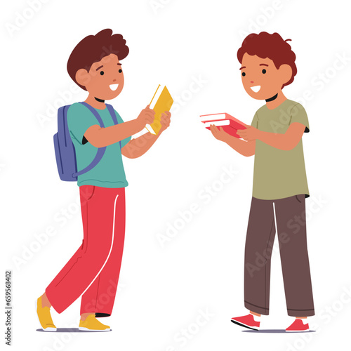 Young Boys Exchanging Books. Kids Swap Stories, Ignite Imaginations, And Foster A Love For Reading. Bookcrossing