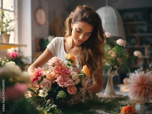 Young female florist collects a bouquet in flower shop