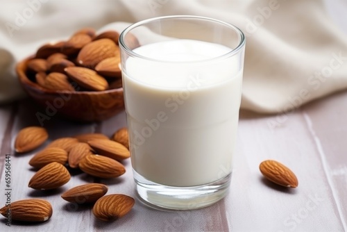 a glass of almond milk with almond nuts at the bottom